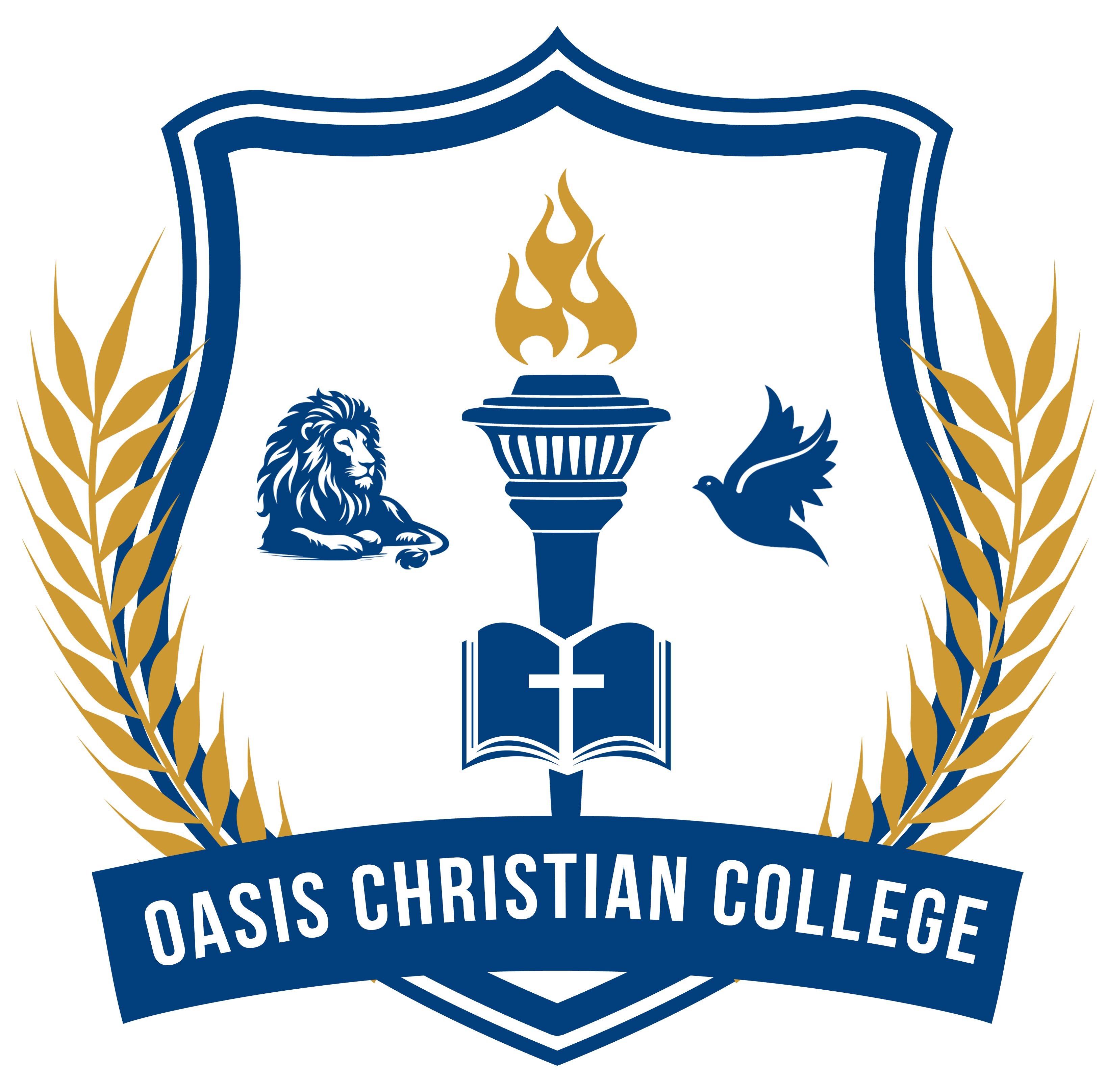 Oasis Christian College logo badge surrounded by wheat, with a lion, dove, bible overlaid with a cross, and torch center.